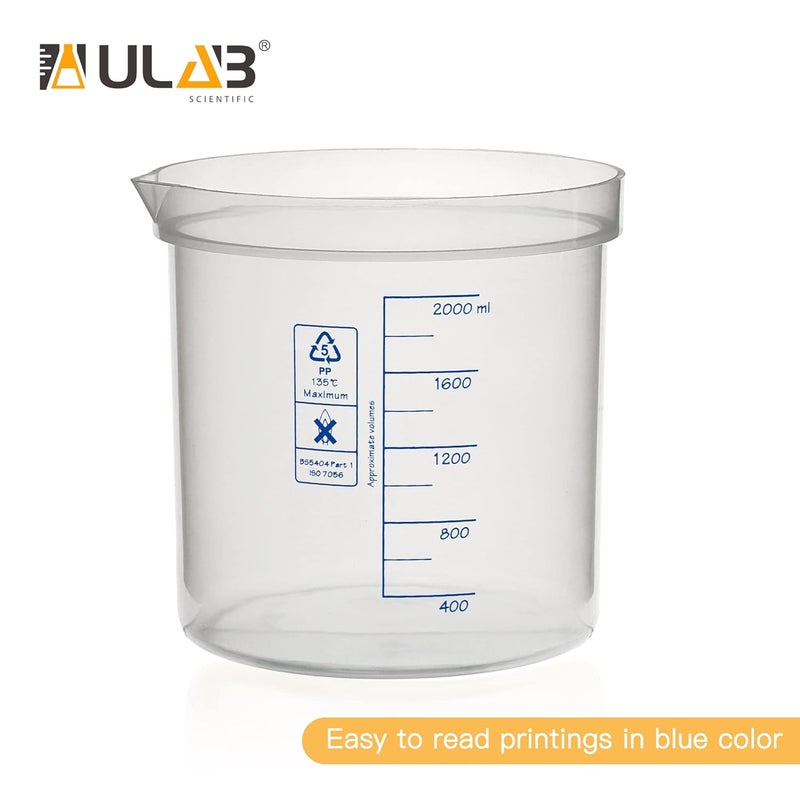 ULAB Scientific Stackable Graduated Plastic Beakers, Vol.2000ml(68oz), with Easy-to-Read Printings in Blue, UBP1017 - Image 4